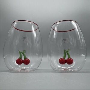 NEW Red Floating Cherries Cherry Stemless Wine Glass Set of 2 Red Trim 5”